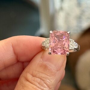 Pink Cushion Ting, Birthstone, October, Elegant Pink Gemstone Silver Ring 8, CZ